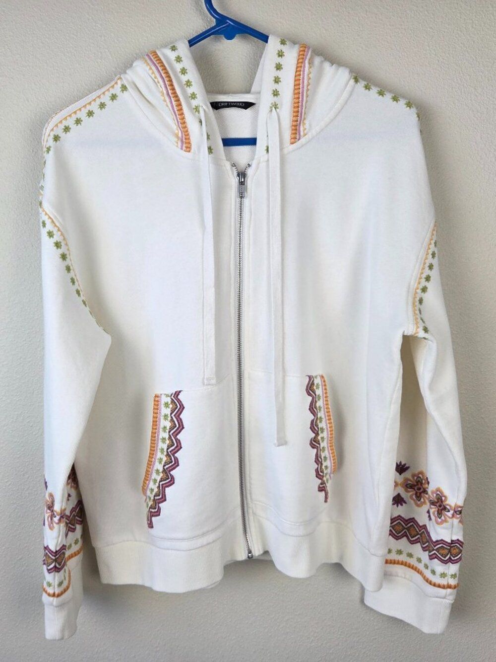 Driftwood Womens Hoodie Full Zip Sweatshirt Size L Cream Embroidered Boho Jacket - Picture 2 of 7